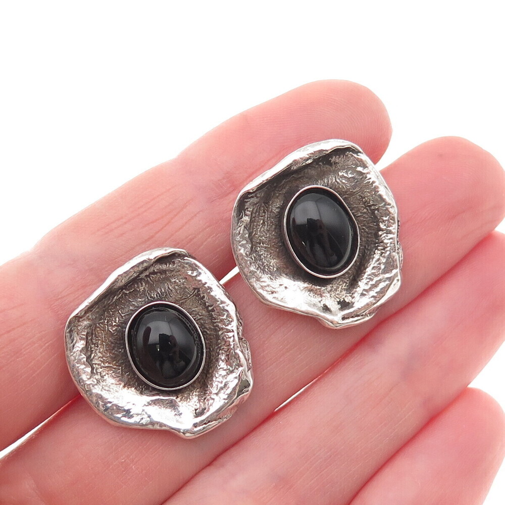 925 Sterling Silver Vintage Real Black Onyx Modernist Oxidized Earrings